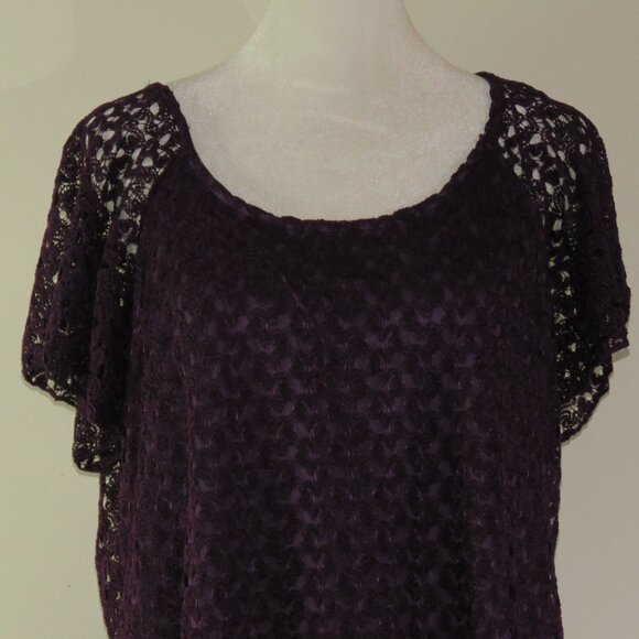 Dress Barn Women's Purple Short Sleeve Round Neck Lined Crochet Top Size L C1105 - Picture 1 of 7